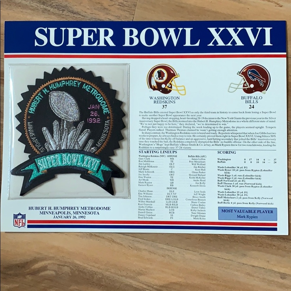 Super Bowl XXVI patch / statistics on reverse